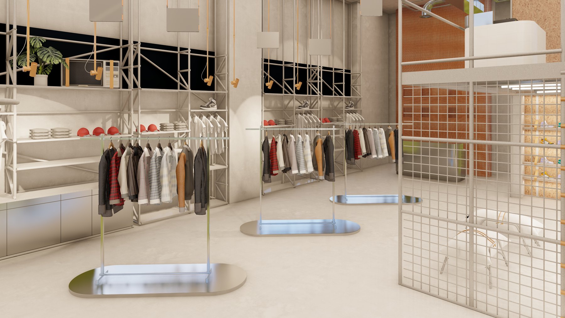 Suspended Garment Rails and Industrial Shelving — Bauhaus Galleria Mall
