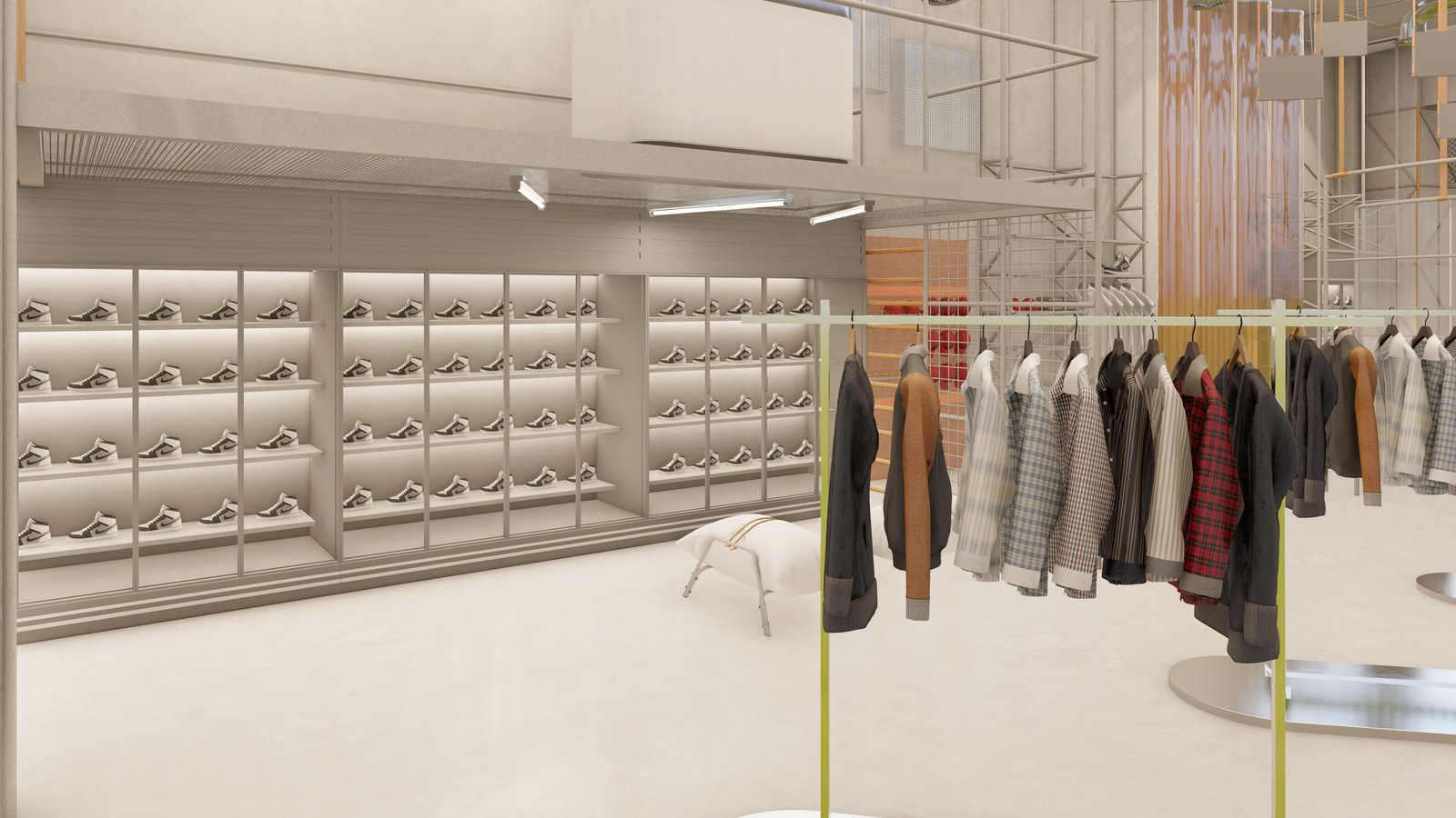 Backlit Sneaker Wall Display with Gridded Steel Frame — Bauhaus Dubai