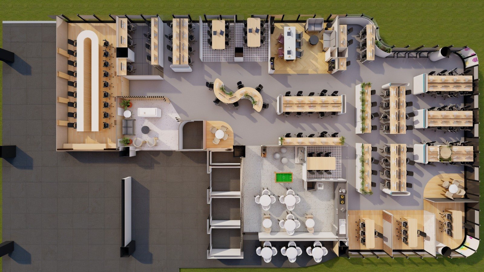 Bird's Eye Space Planning View — Deep Media Office Full Layout