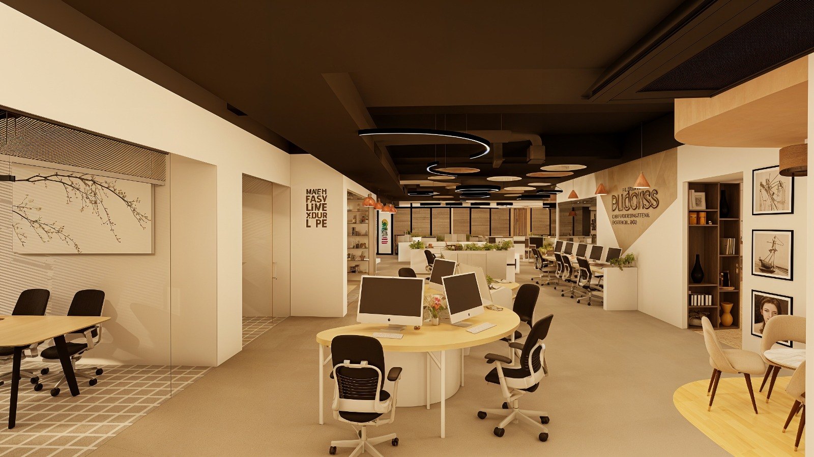 Open Plan Workspace with Curved Workstations and Biophilic Planters