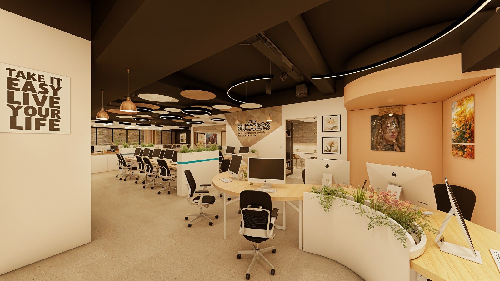 Open Plan Office with Black Exposed Ceiling and Circular Pendant Lights — Deep Media