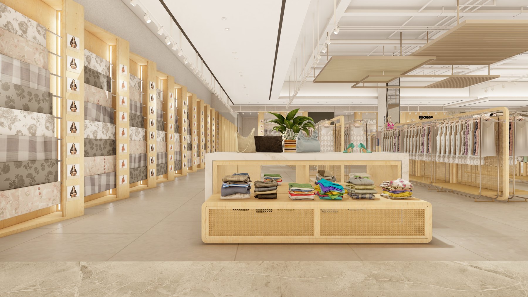 Backlit Fabric Display Wall with Rattan-Fronted Island Unit — Ideas by Gul Ahmed