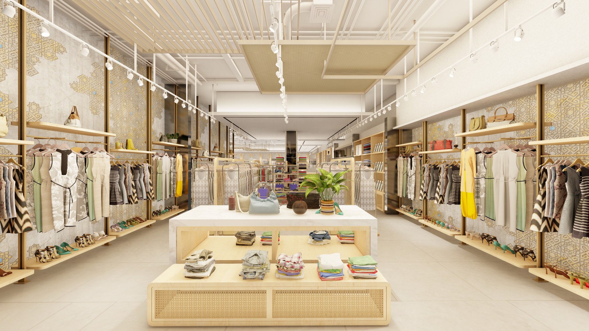 Full Fashion Floor — Symmetrical Display System with Patterned Backdrop Panels and Brass Fixtures