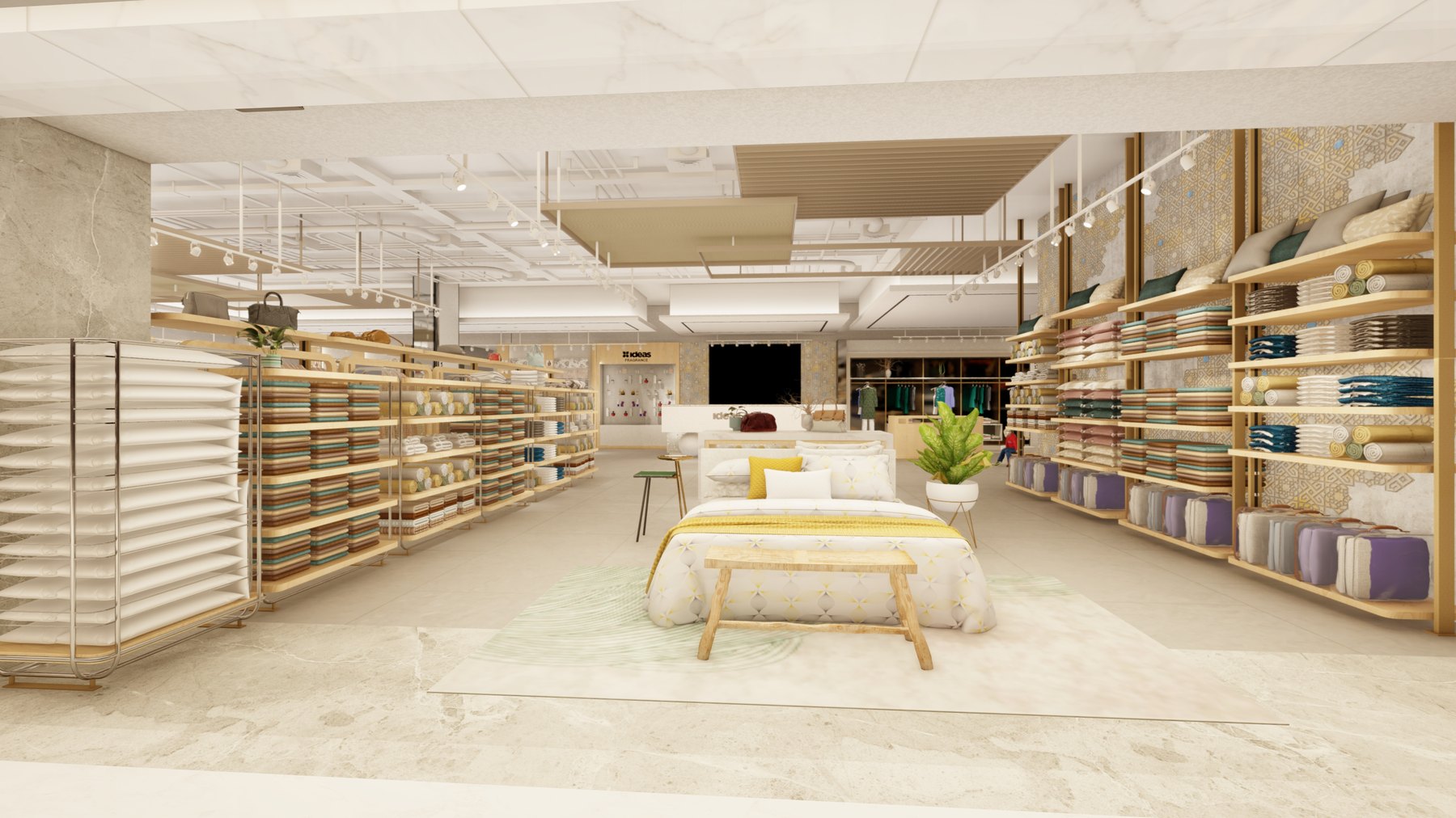 Home Textiles Zone with Bed Display and Full-Height Linen Shelving — Ideas DCC Dubai