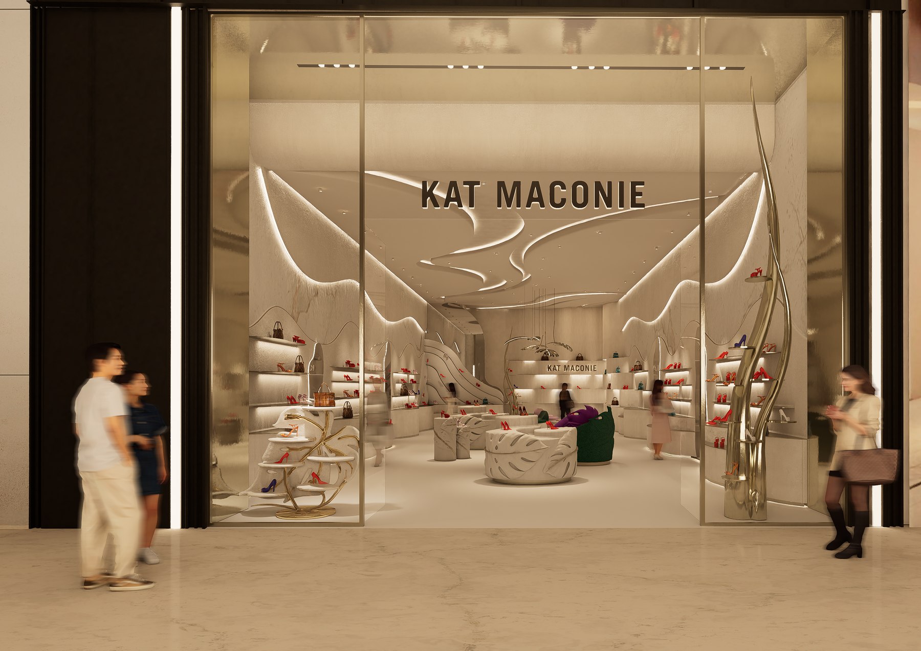 Display Shelving Zone with Illuminated Shoe Risers — Kat Maconie Dubai Mall