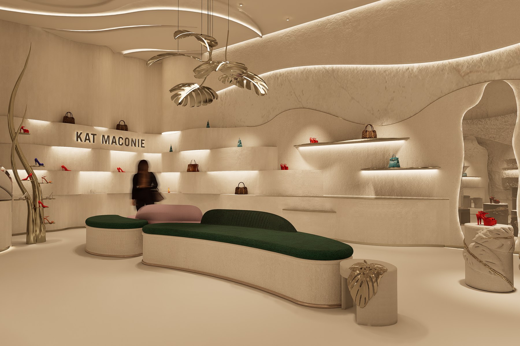 Kat Maconie Store — Entrance View with Organic Undulating Walls and LED Ceiling Ribbons