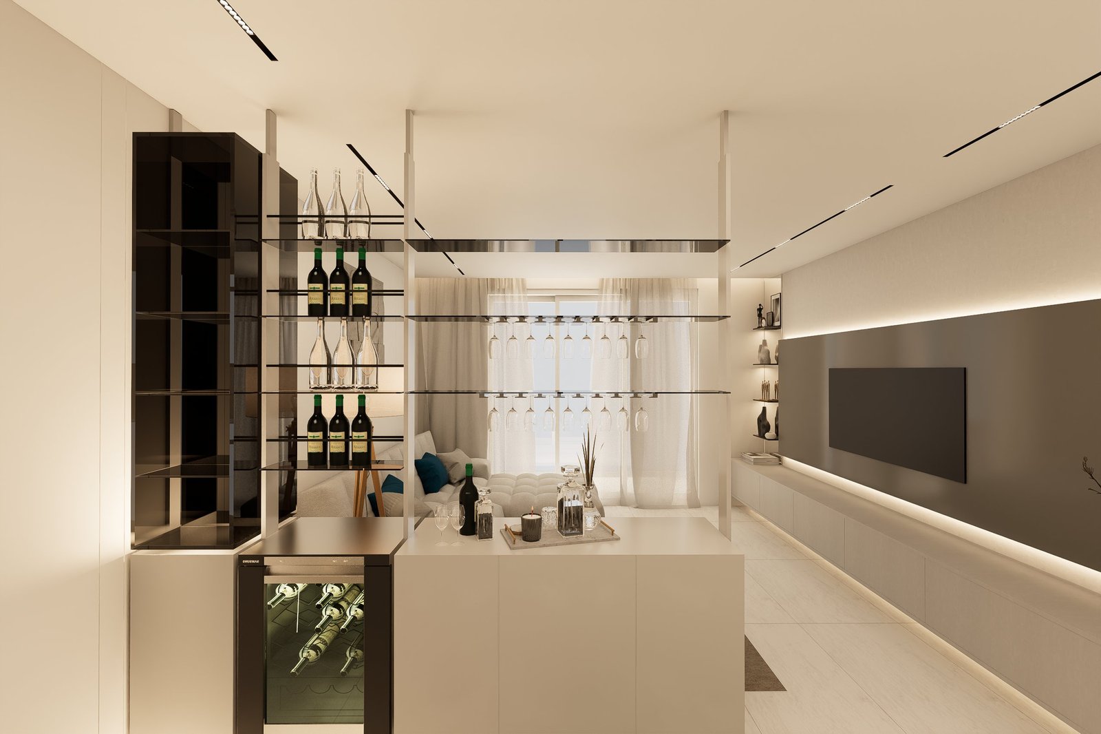 Bespoke Wine Bar with Glass Shelving and Integrated Wine Cooler