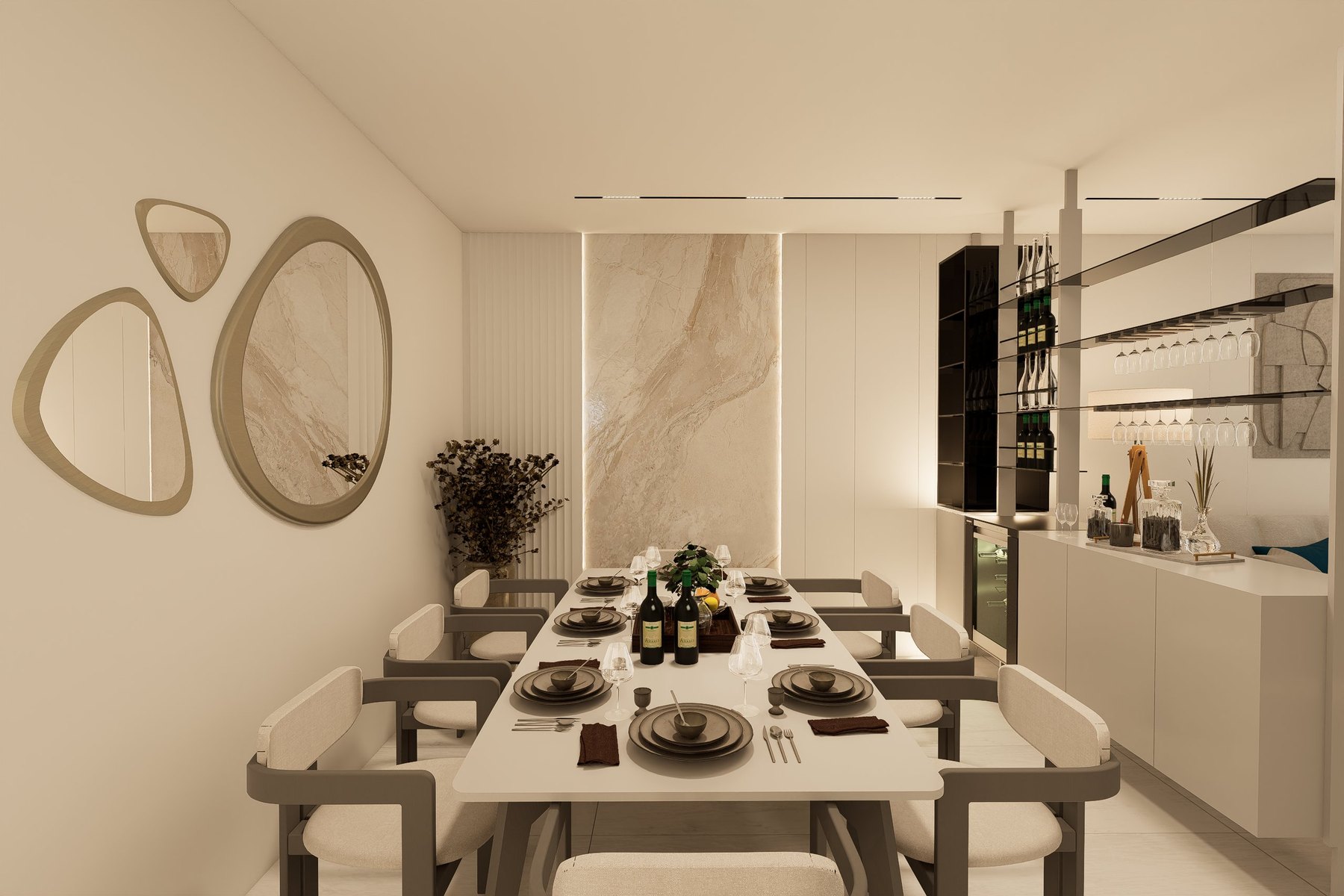 Dining Room with Marble Feature Wall and Organic Mirror Cluster — Residence Majan