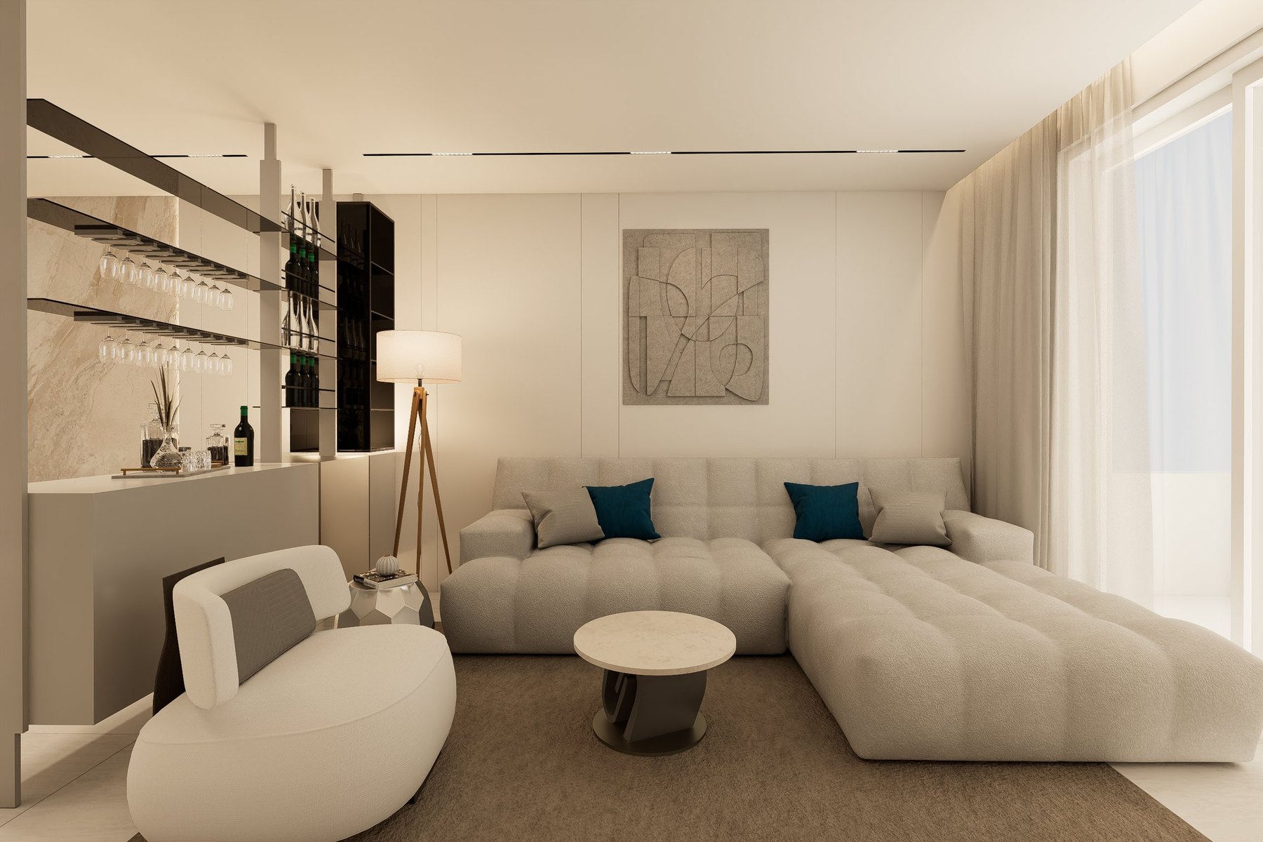 Living Room with Tufted Sectional Sofa and Bespoke Wine Bar — Residence Majan Dubai