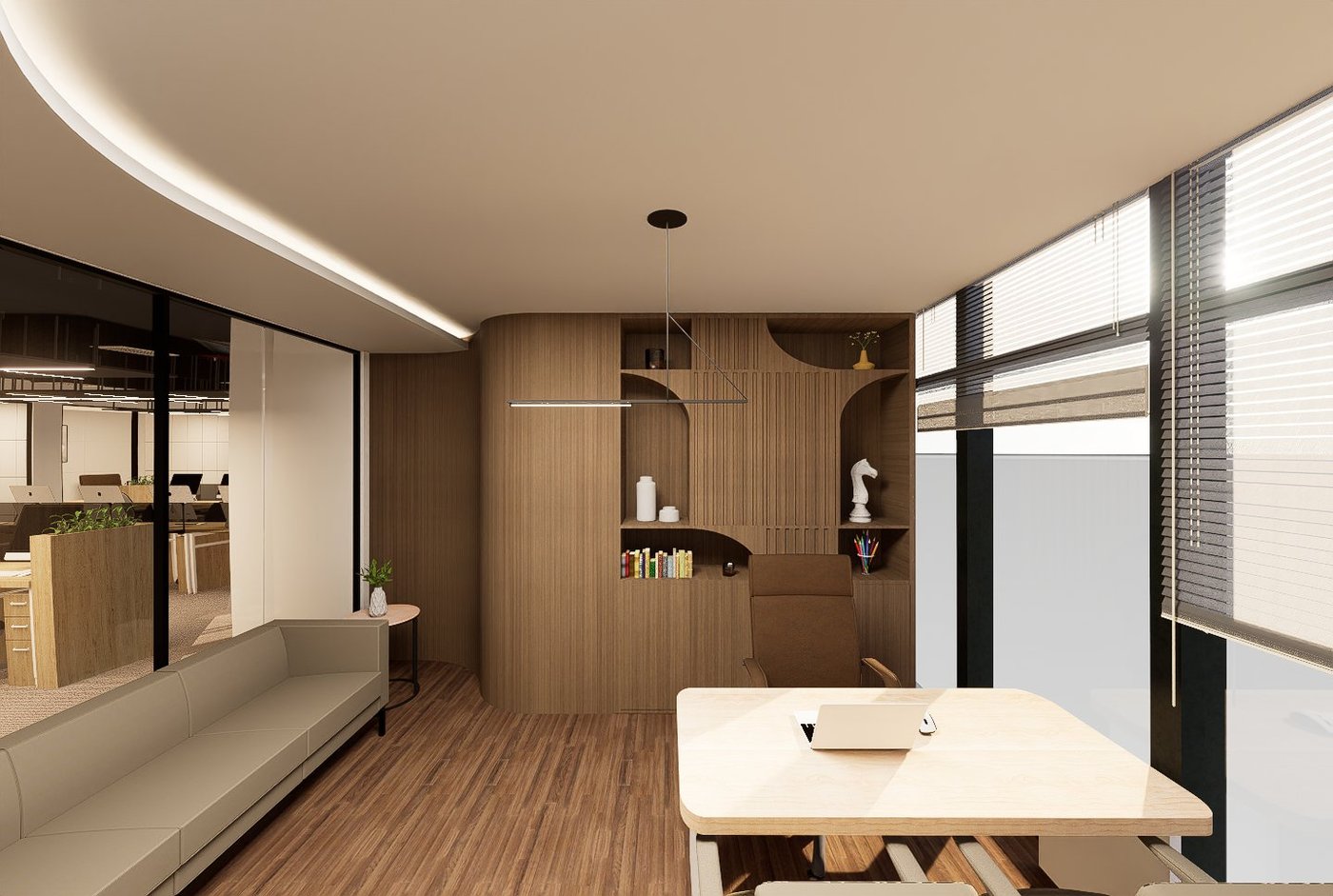 Director Cabin with Curved Wooden Joinery — Corporate Headquarters