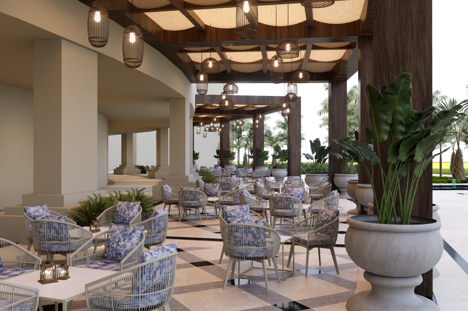 Outdoor Terrace Dining with Woven Ceiling and Rattan Pendants