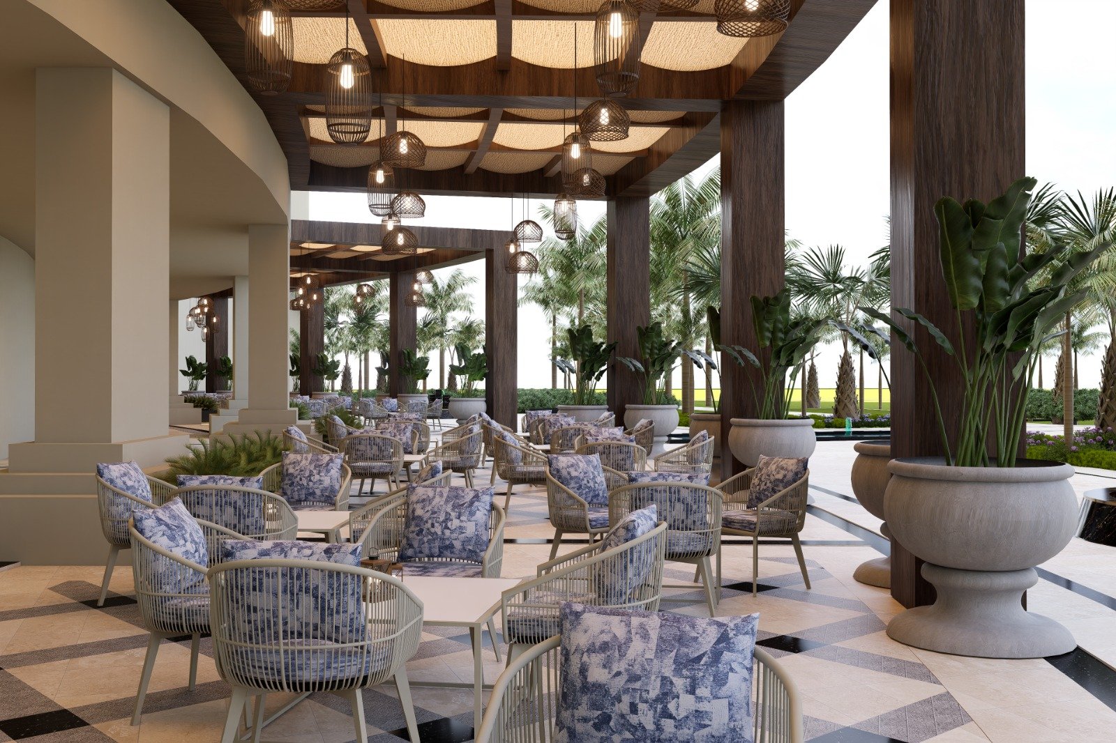 Full Terrace Seating with Tropical Landscaping and Custom Furniture